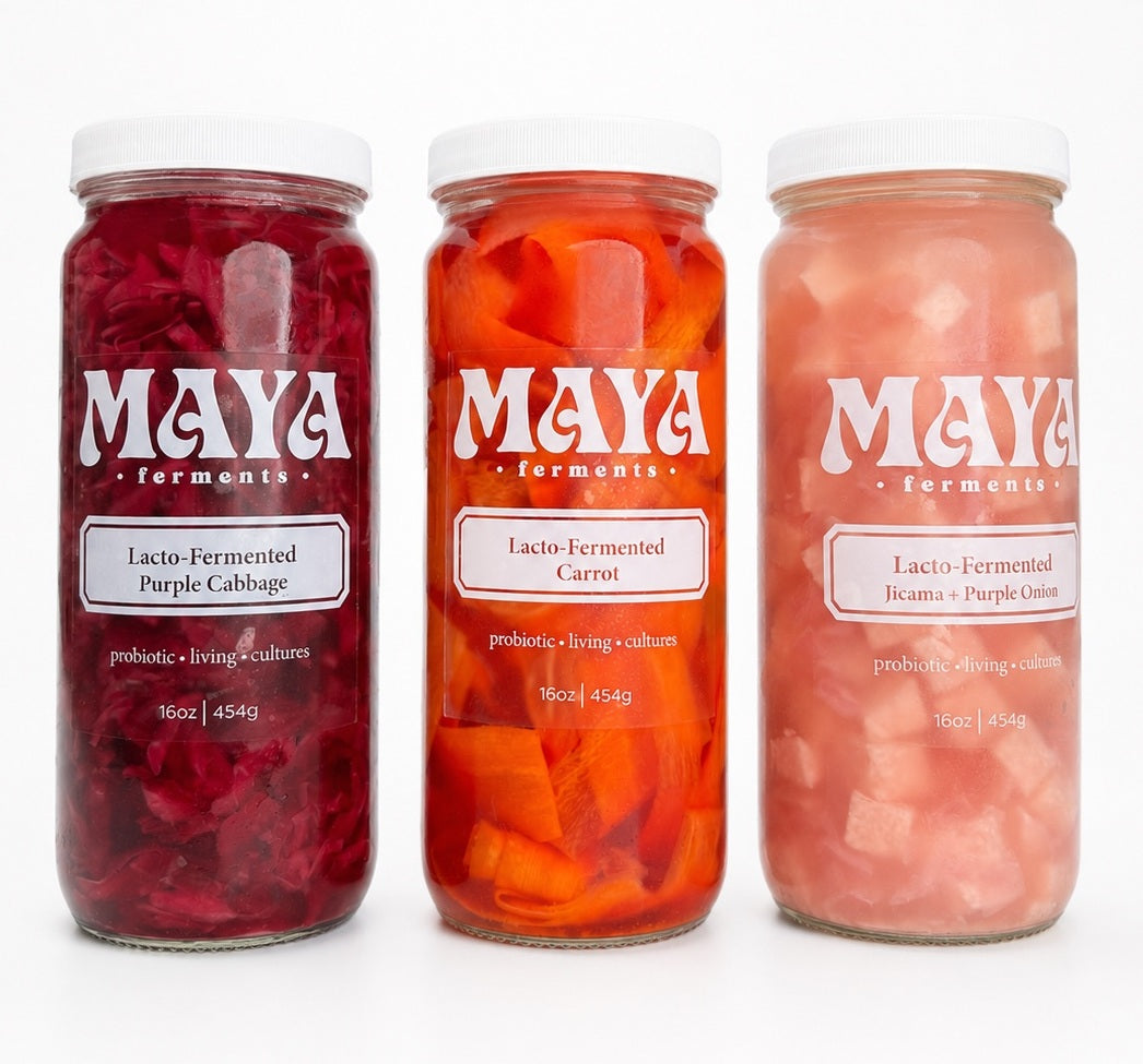 Maya Ferments trio of purple cabbage, carrot, and jicama with purple onion jars